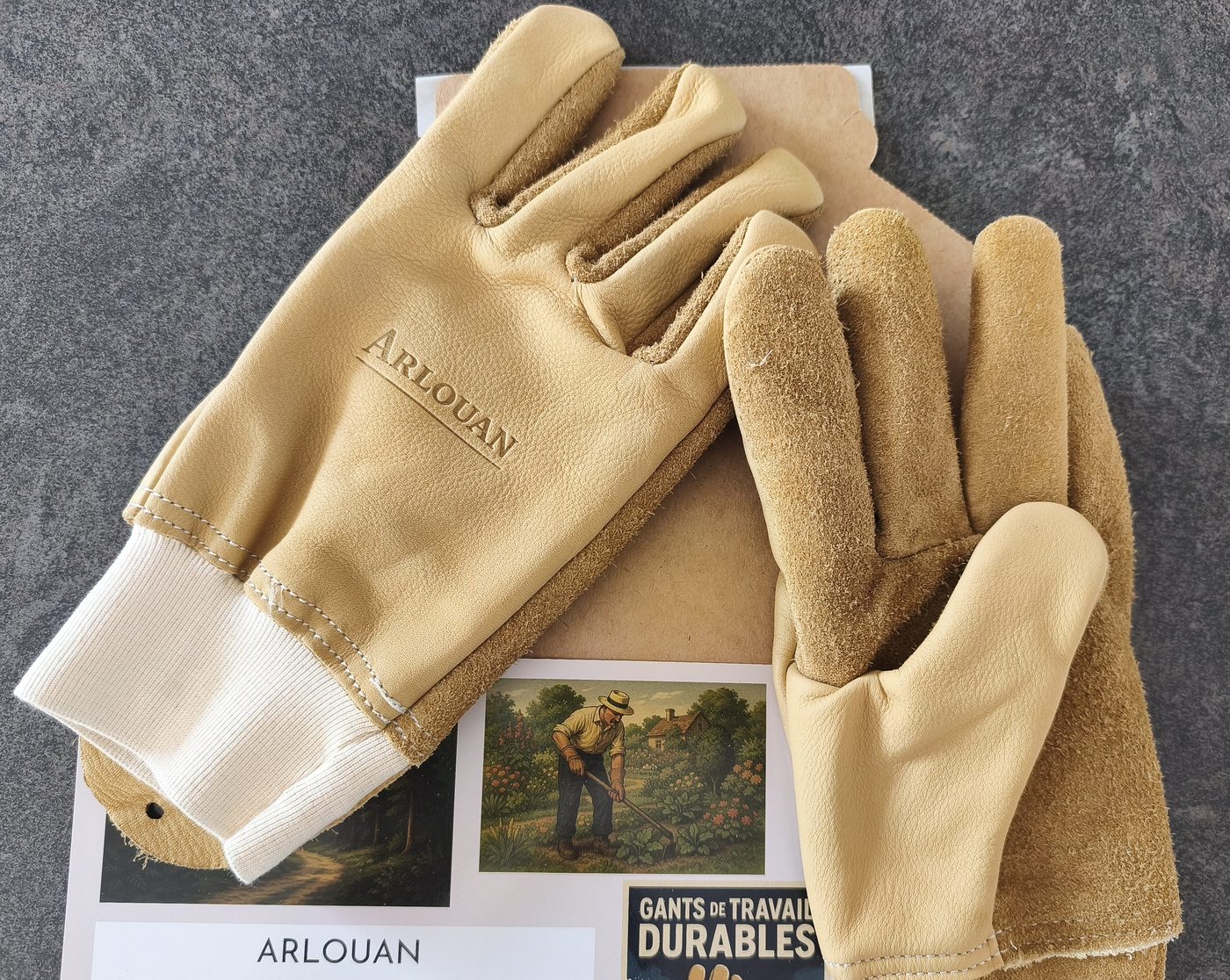 Gants de travail Arlouan en cuir de vachette anti-épines et ronces, vue de face